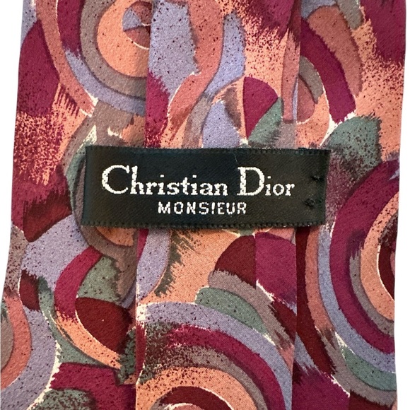 Vtg 80's CHRISTIAN DIOR Monsieur Abstract Silk Necktie Pink Purple 56x3" - Picture 4 of 5